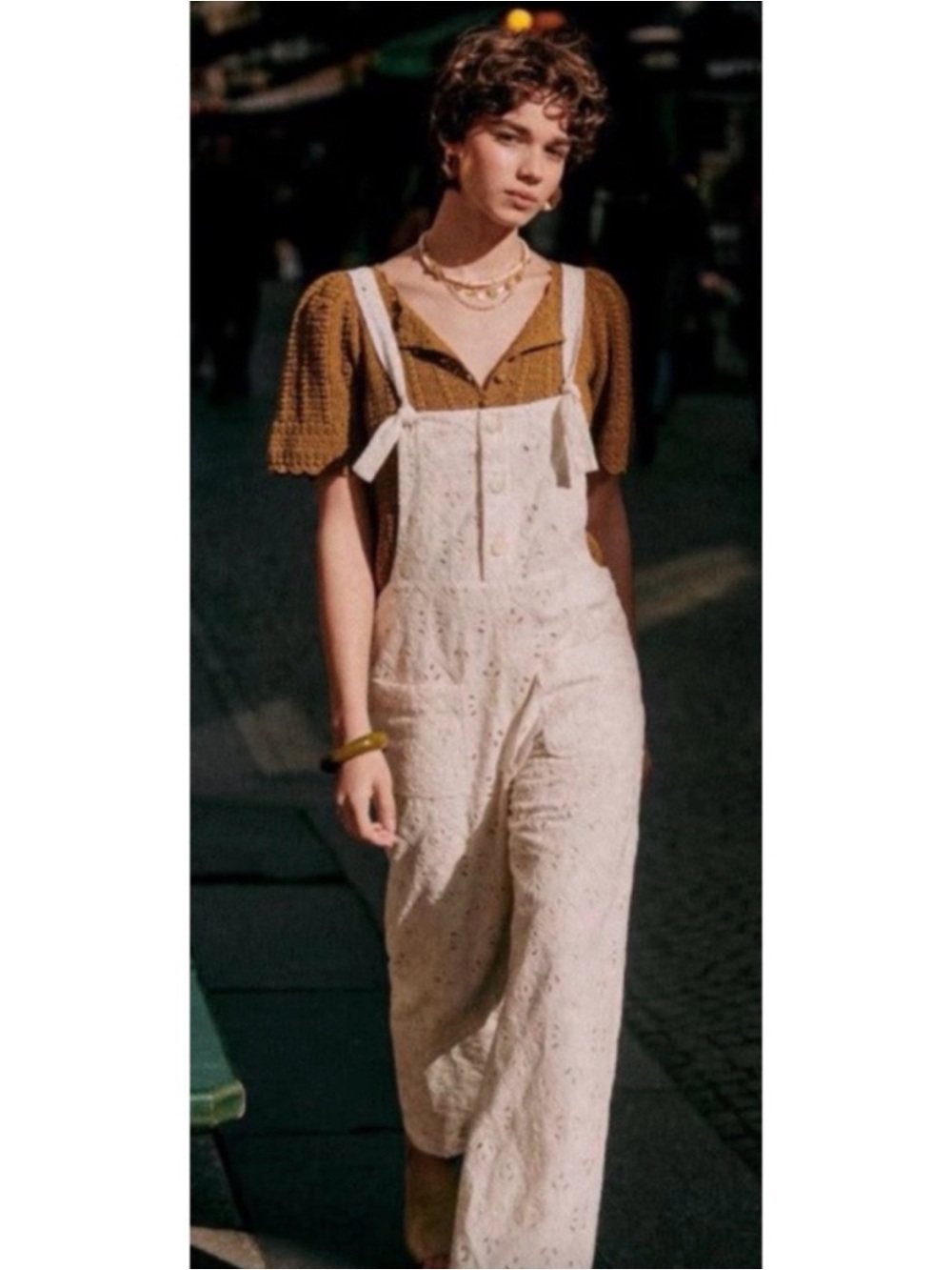Sezane Brian Eyelet Linen-Blend Overalls in Cream/Ecru